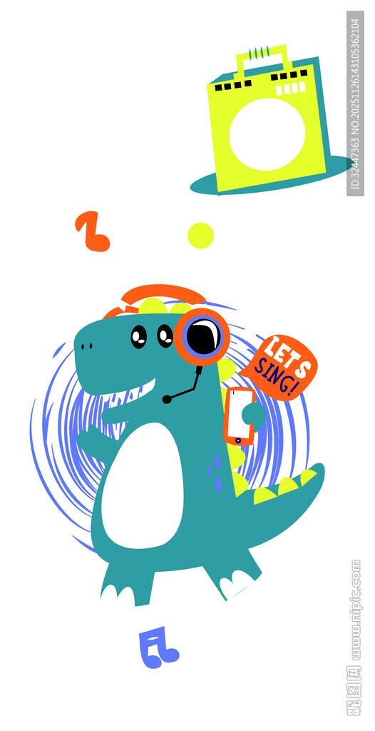 卡通恐龙享受音乐时刻