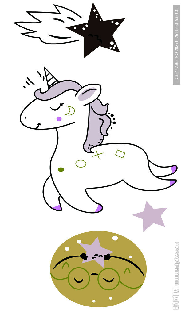可爱独角兽与流星图案