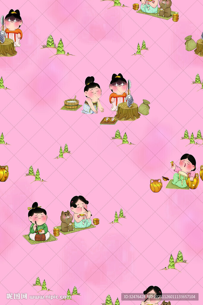 古风孩童嬉戏粉色背景图