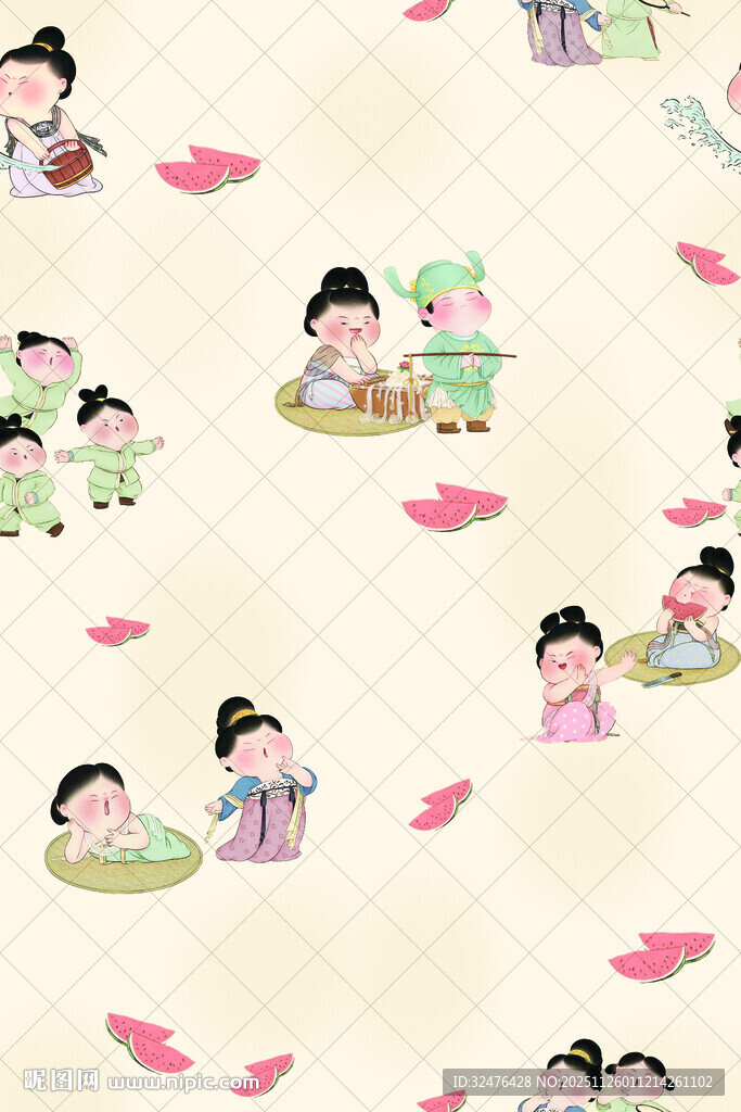 古风孩童嬉戏图案背景