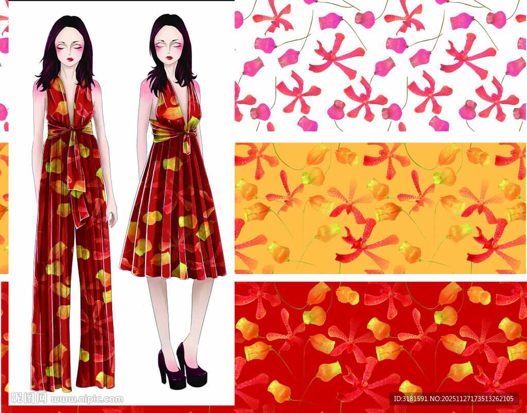 中式印花连衣裙面料展示