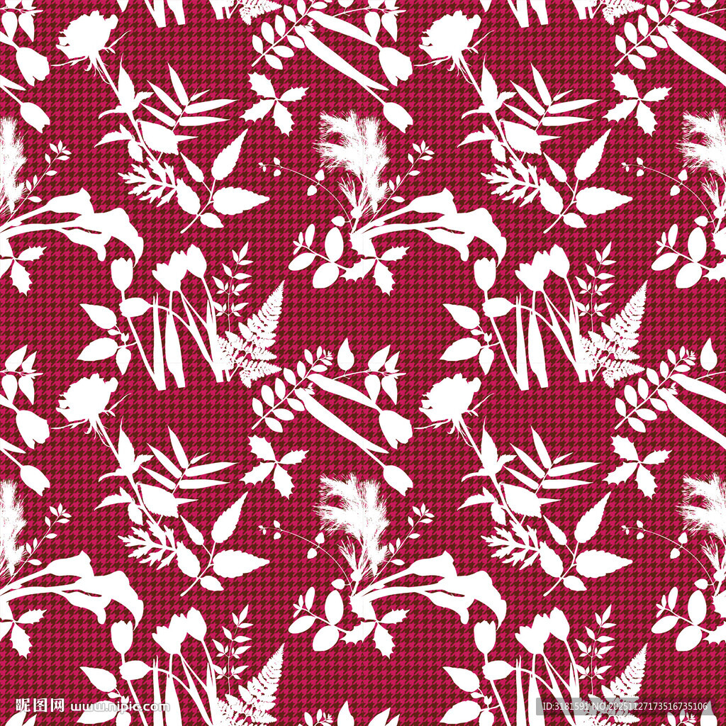 红色底飞鸟花卉图案纹理