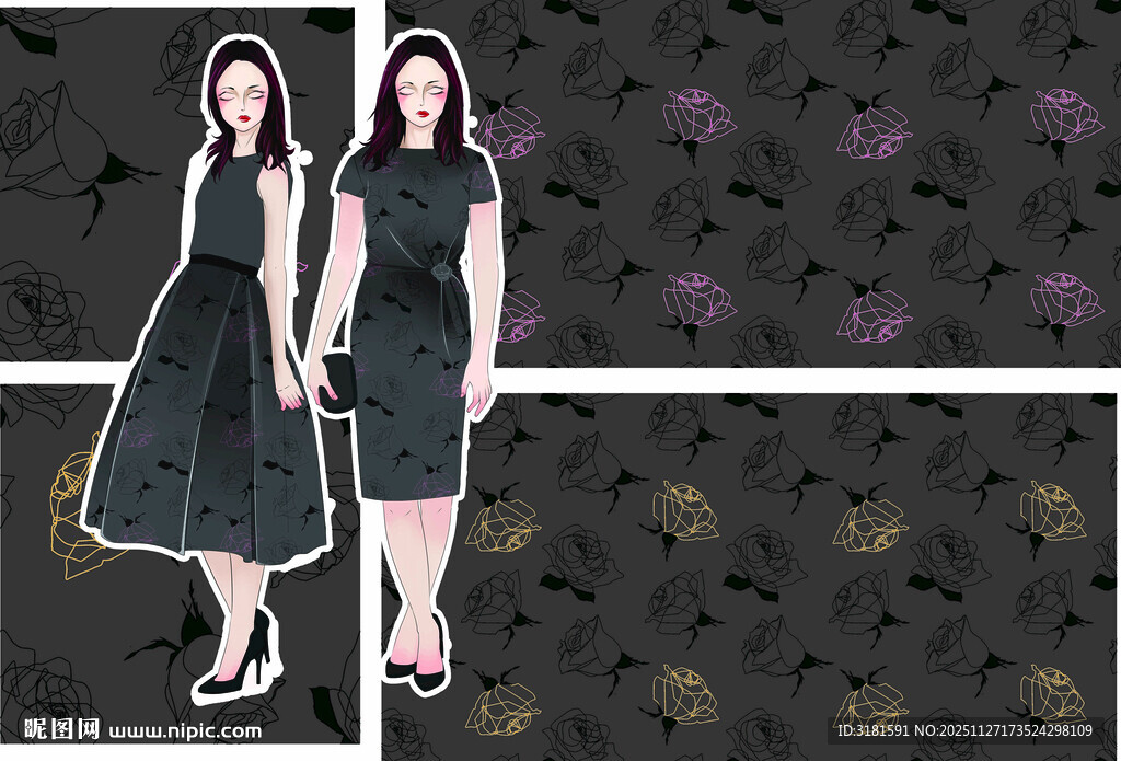 两位黑衣女性时尚插画