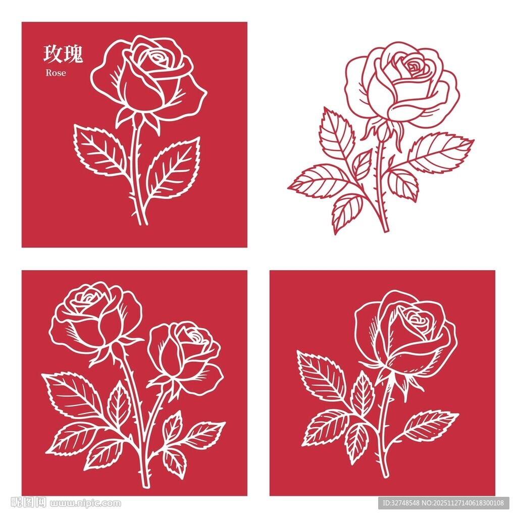 四幅简约线条玫瑰花图案