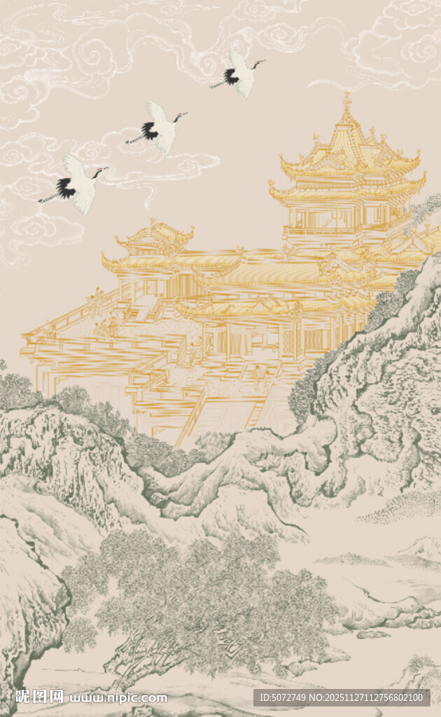 古风山水楼阁飞鸟图背景墙