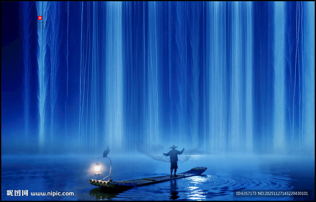 招财瀑布山水画