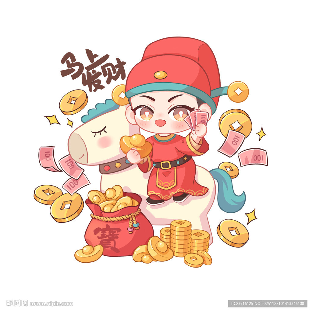 福娃骑瑞兽撒金币迎新春