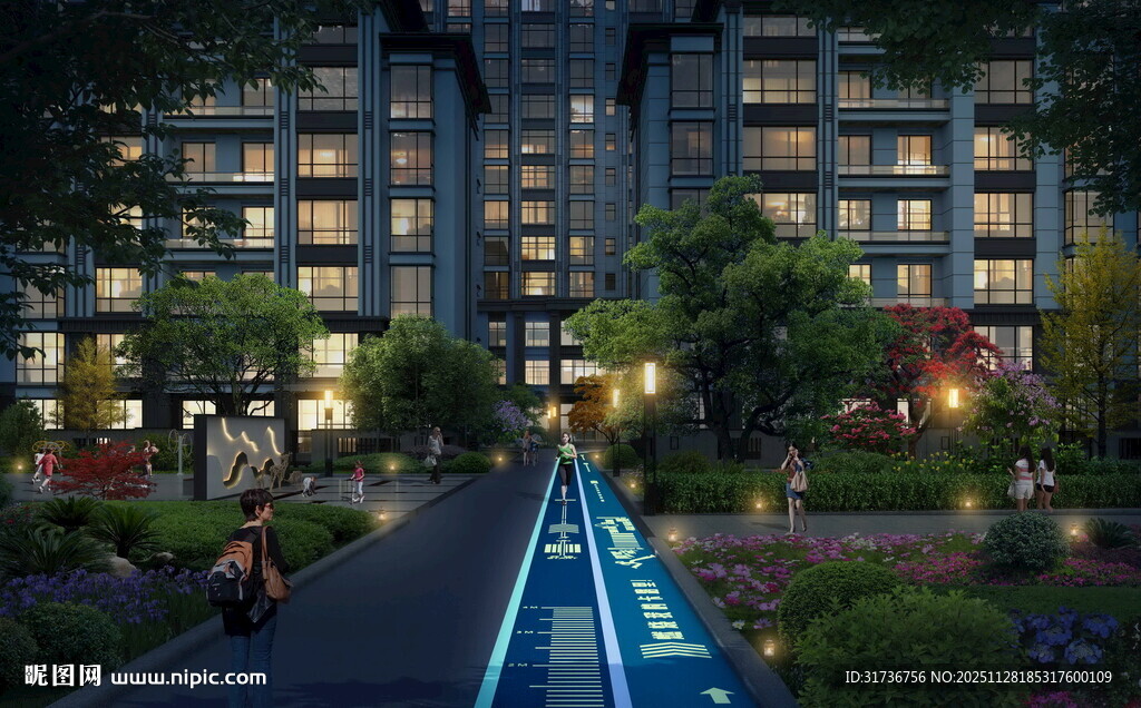 夜间小区景观步道效果图