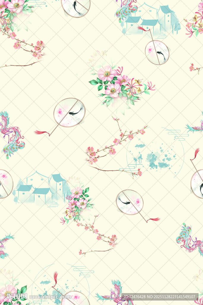 清新花卉飞鸟图案背景