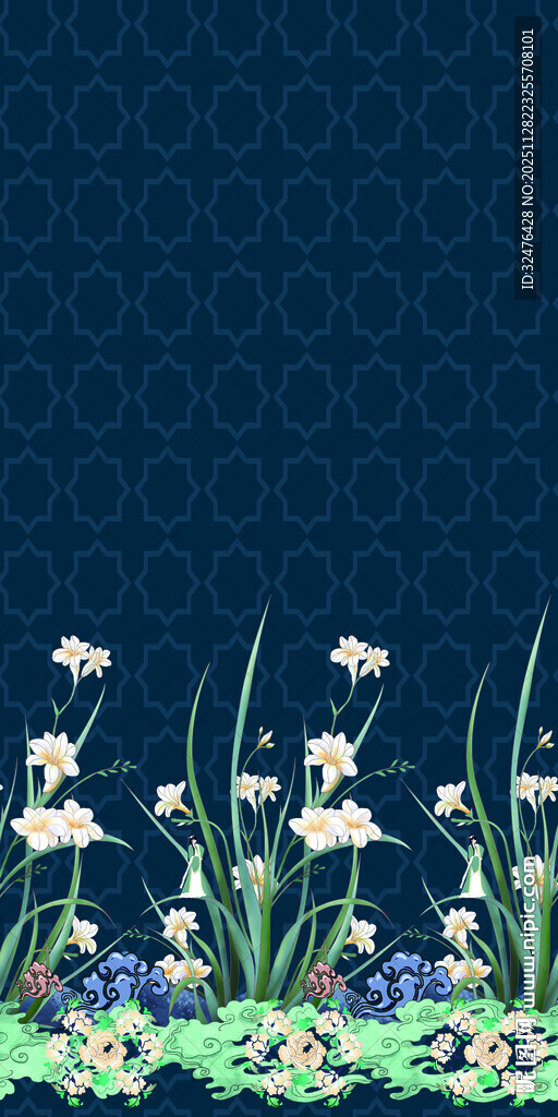 蓝色背景下的清新花卉图案