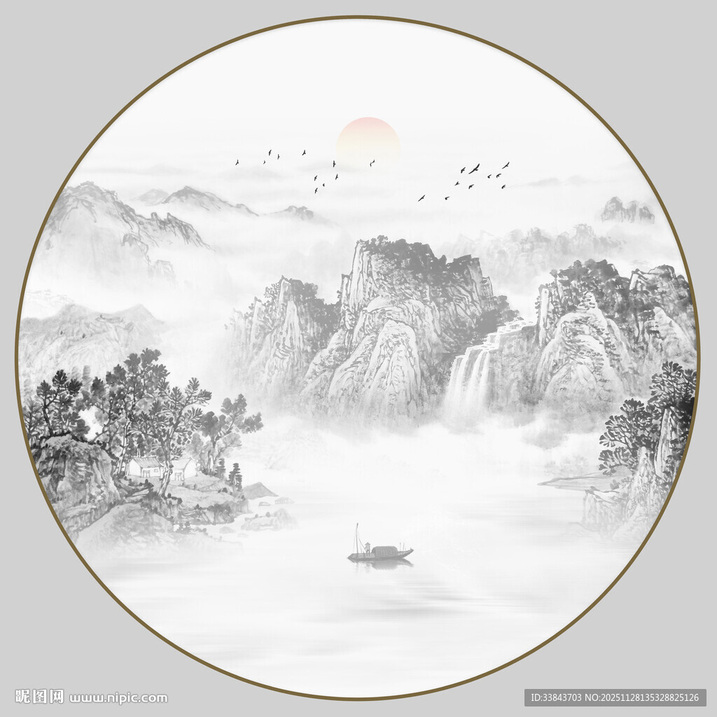 圆形意境水墨山水画