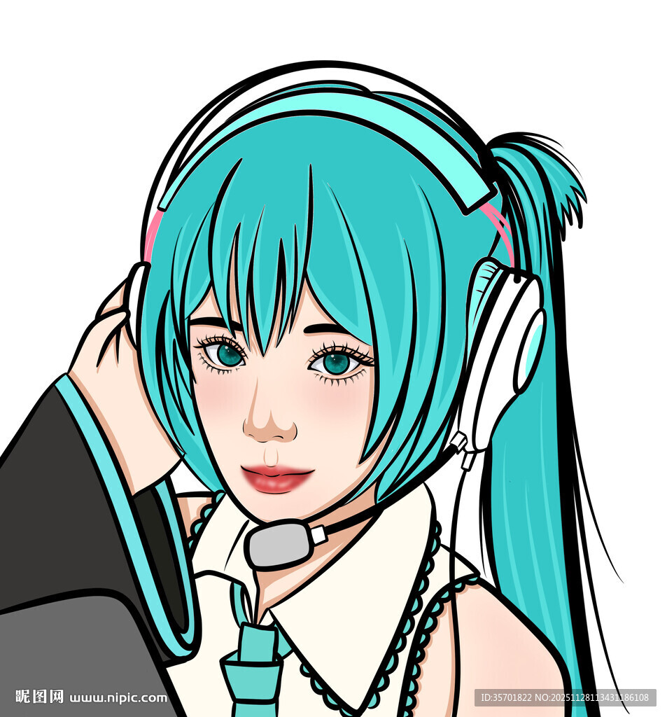 蓝发戴耳机的动漫少女