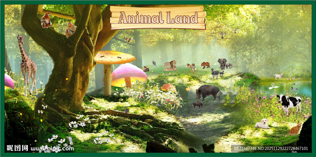 梦幻森林中的奇幻动物场景