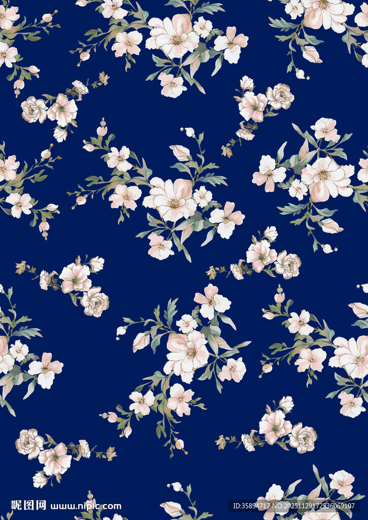 深蓝色底白色花卉图案