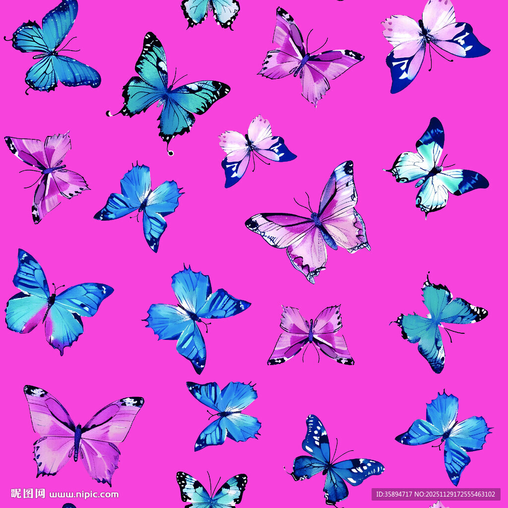 粉色背景上的多彩蝴蝶图案