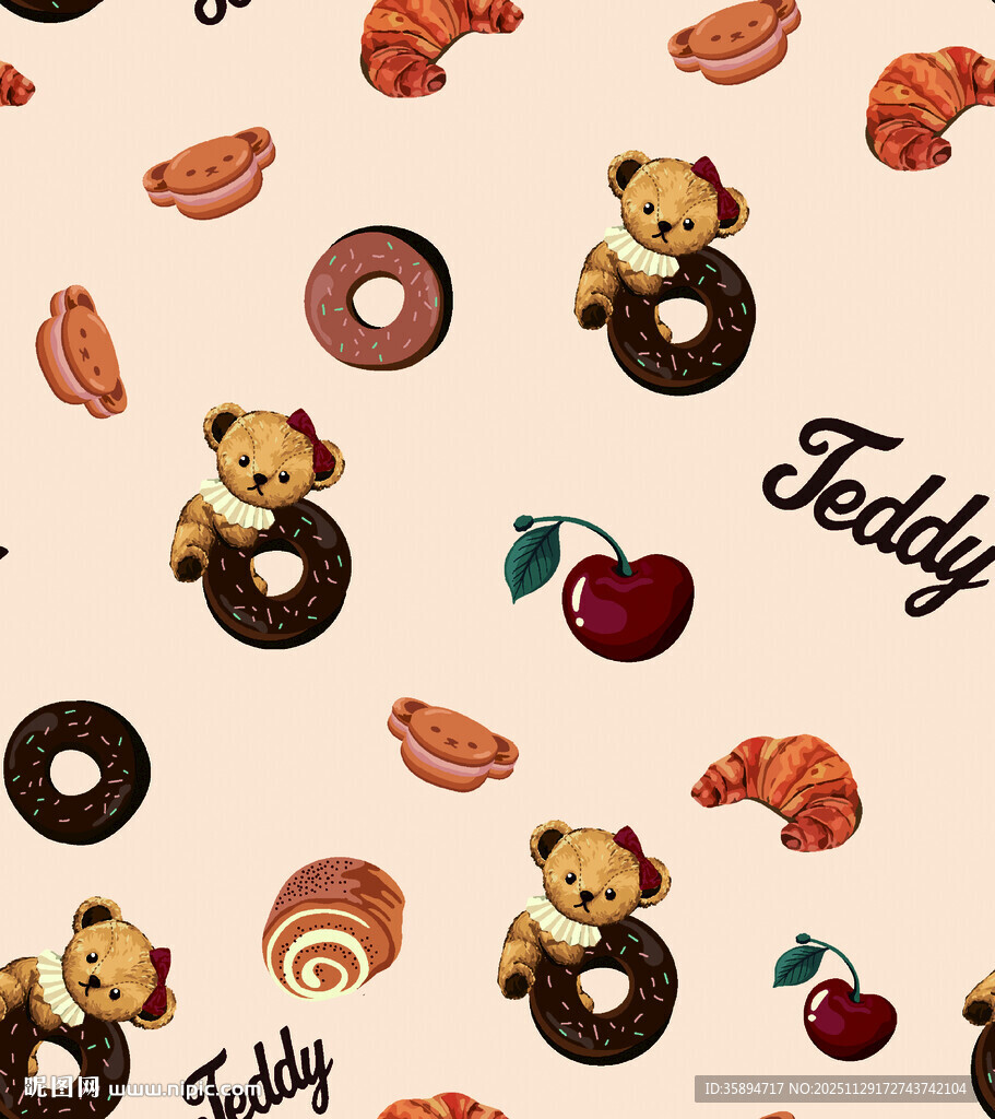 泰迪熊与甜点图案背景