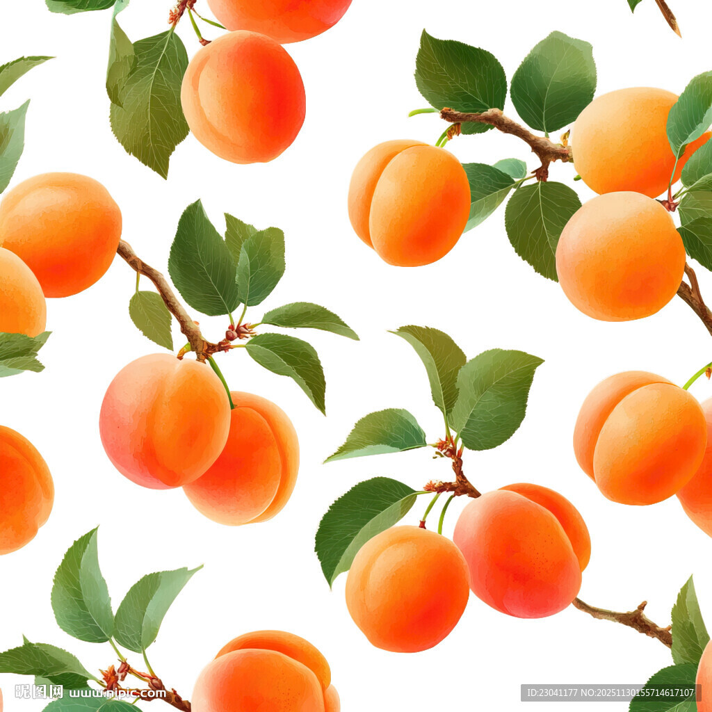手绘饱满杏子与绿叶图案