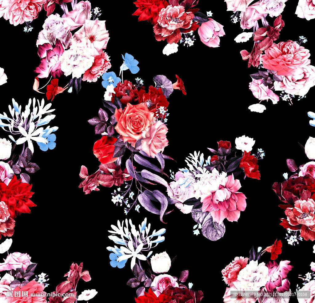 黑色背景多彩花卉图案