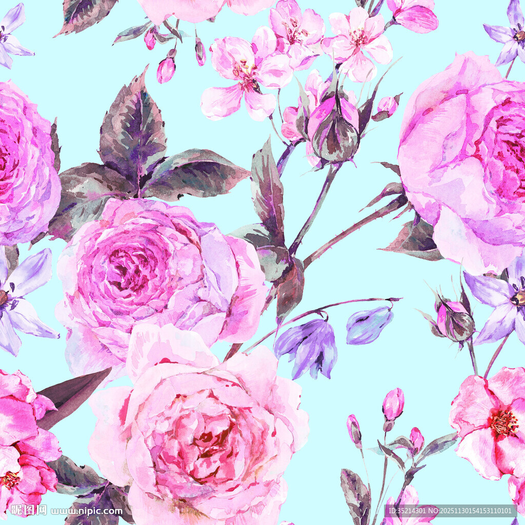 水彩绘粉色花卉图案