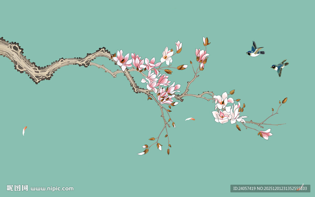 新中式工笔花鸟玉兰花背景图