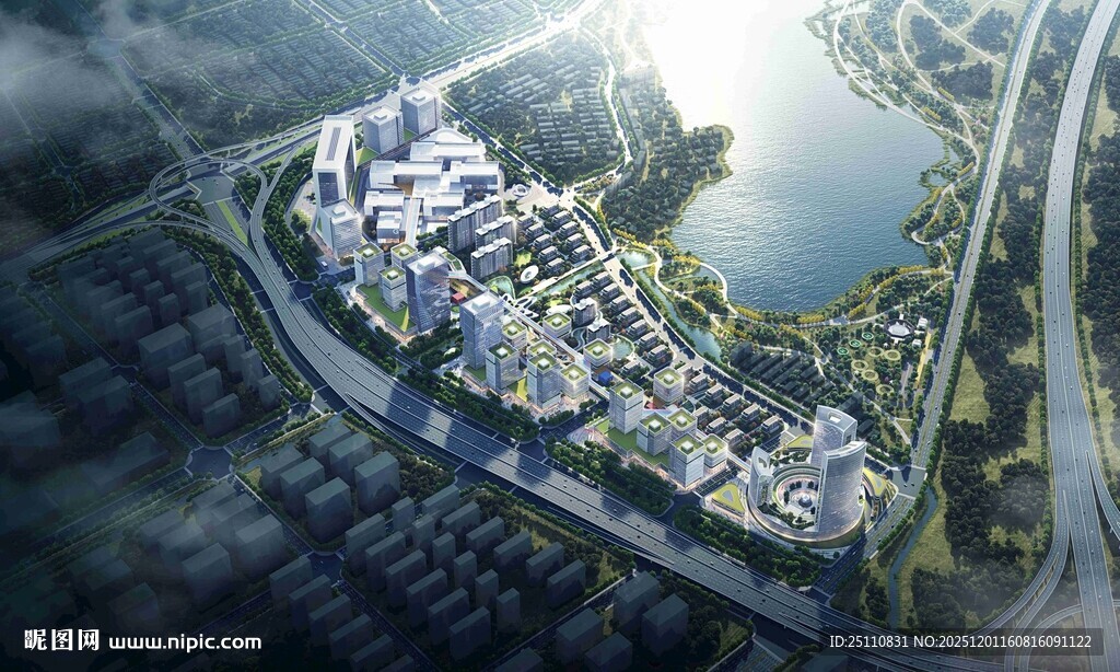 湖畔现代建筑群鸟瞰图