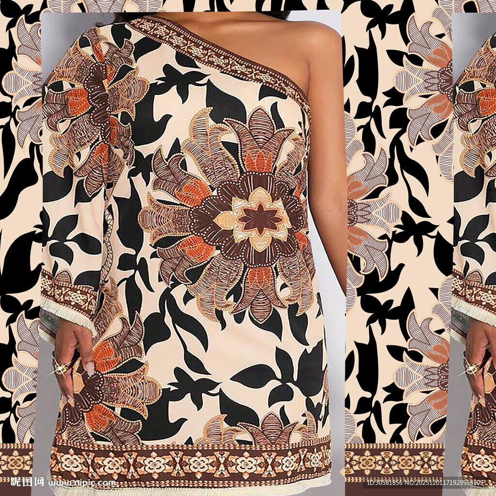 单肩花卉图案时尚连衣裙