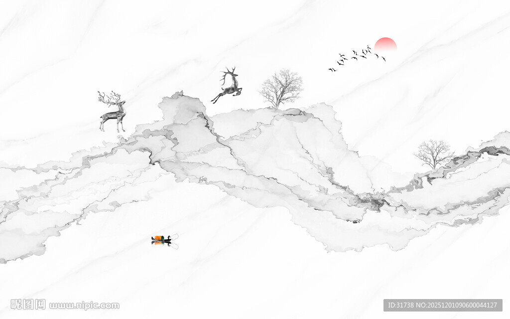 抽象水墨线条烟雾山水画