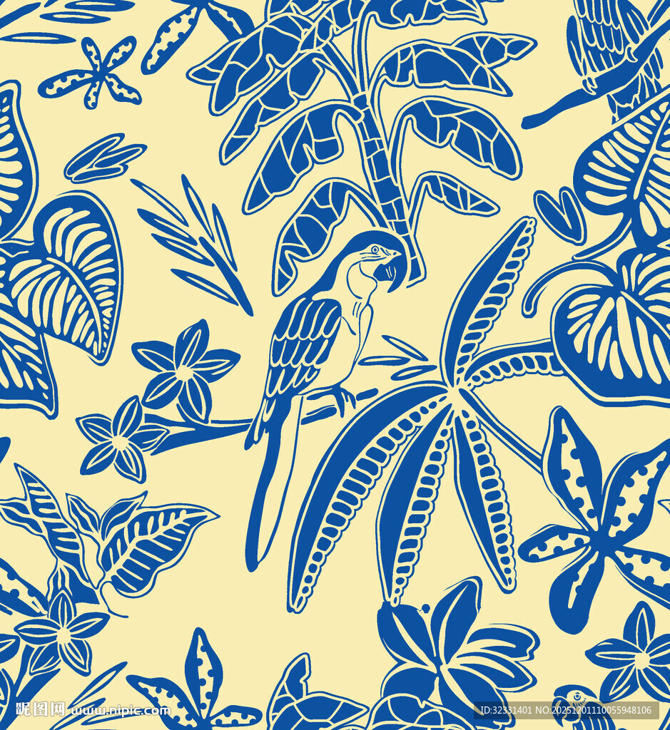 蓝黄热带植物花鸟图案