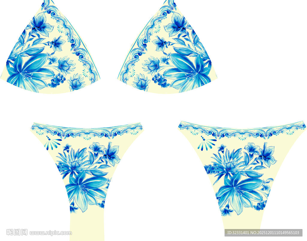 蓝白花纹比基尼套装