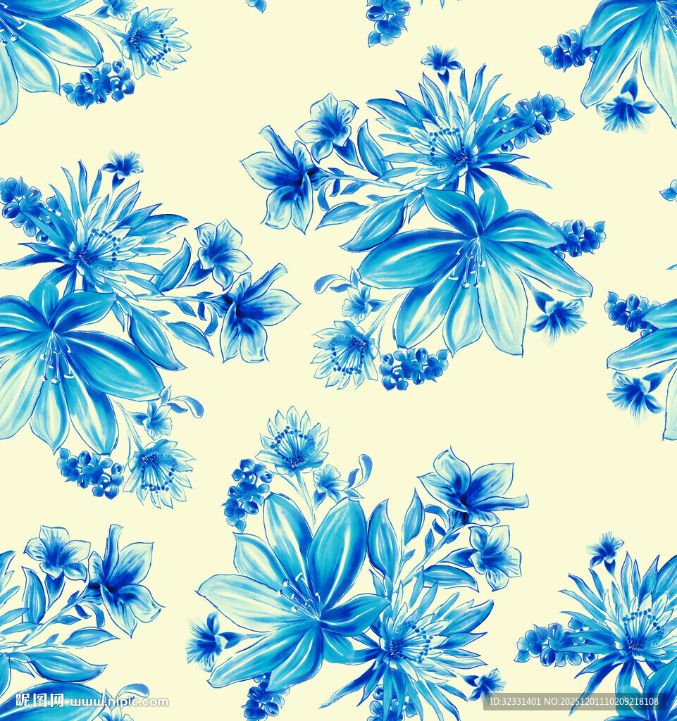 蓝白花卉图案背景纹理