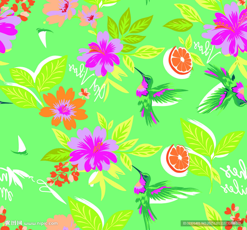 热带花卉蜂鸟图案背景