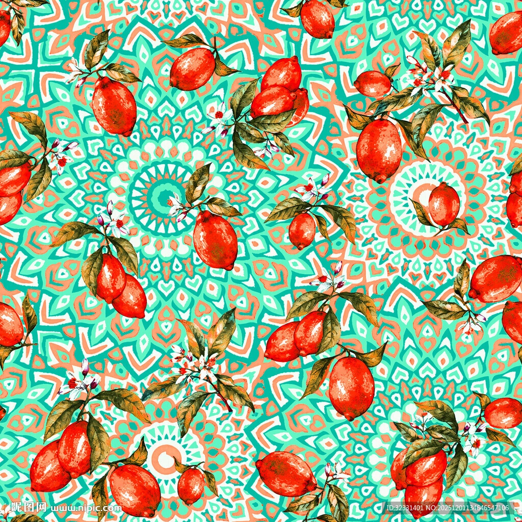 草莓与花纹的清新图案