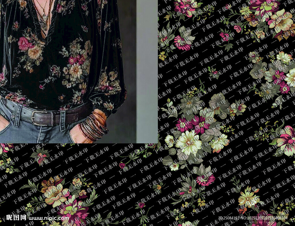 黑色底花卉图案布料纹理