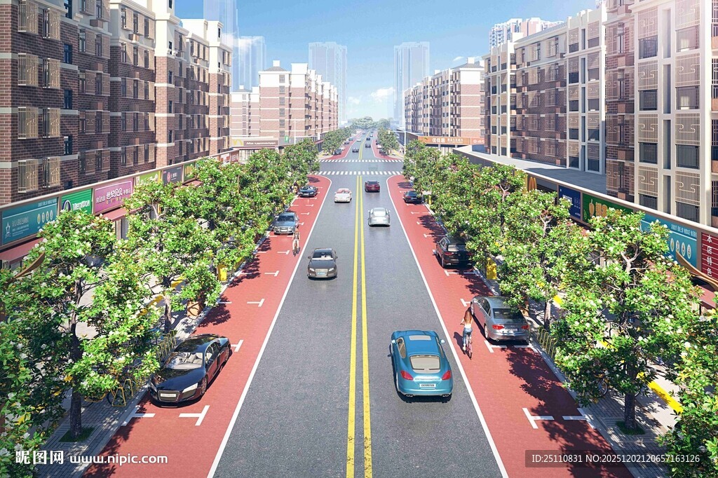 城市宽阔林荫街道景象