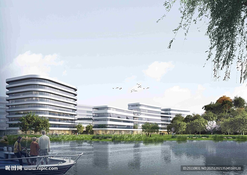 湖畔现代建筑群景观