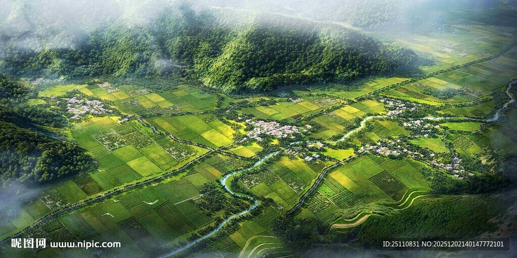 俯瞰翠绿乡村田园美景