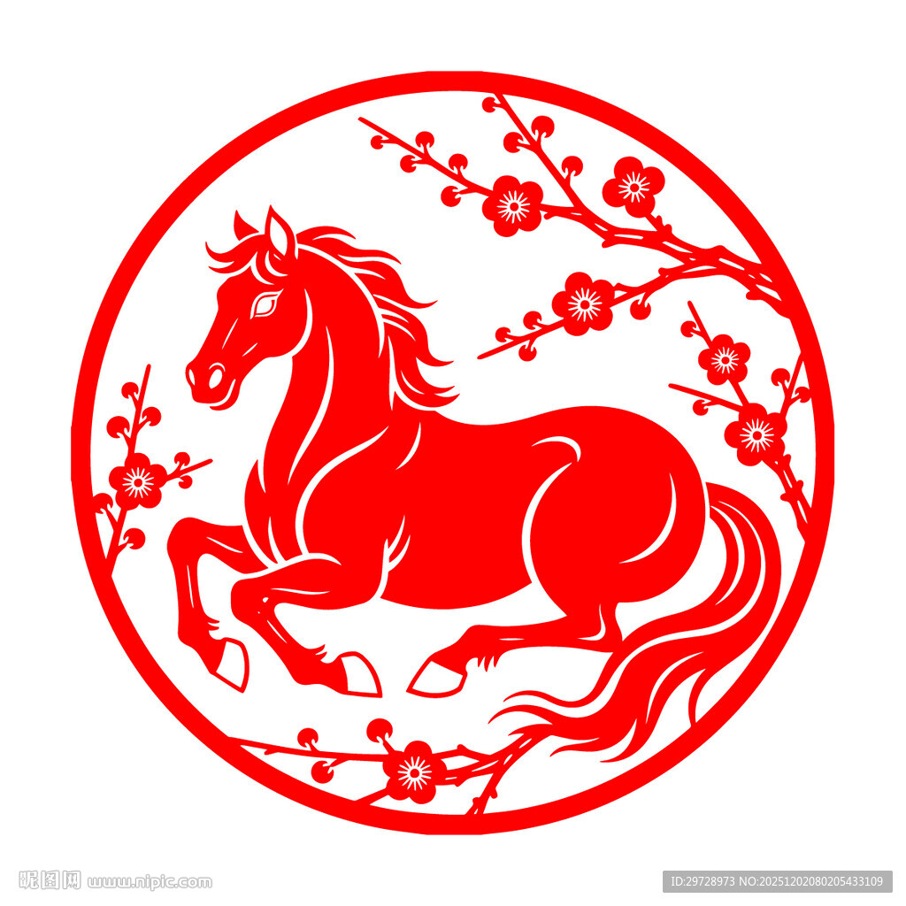 圆形红底骏马剪纸图案
