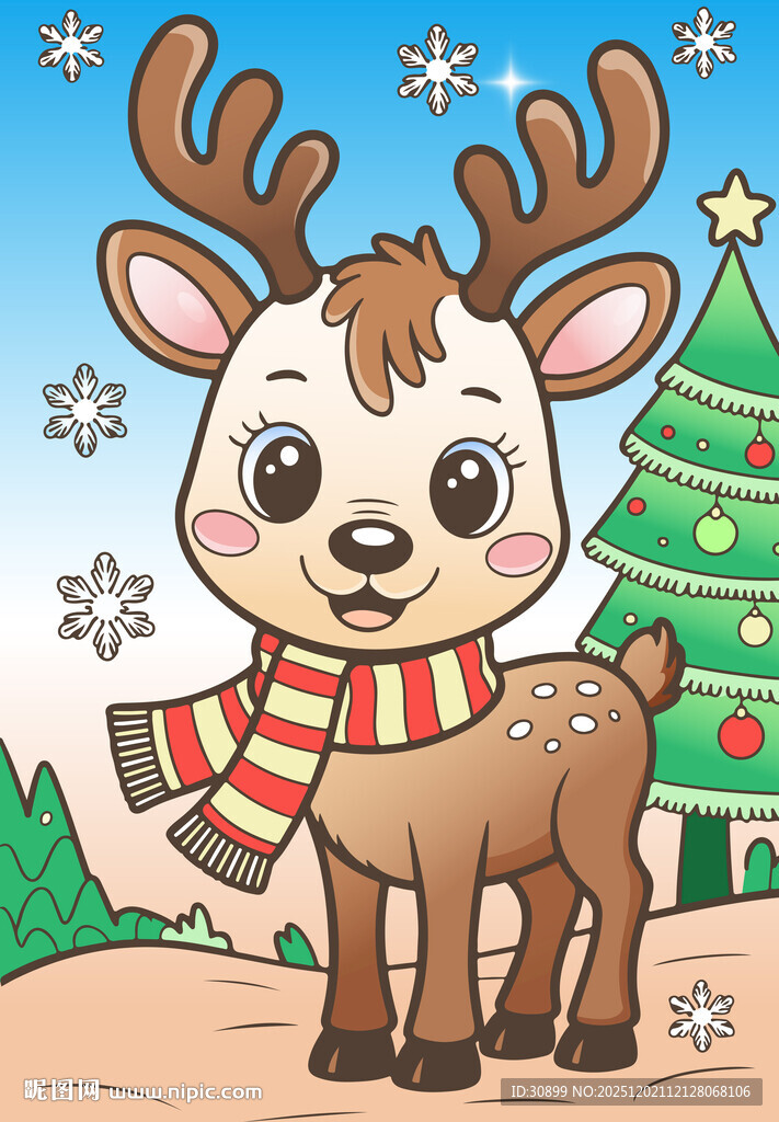 矢量手绘圣诞节卡通麋鹿海报插画