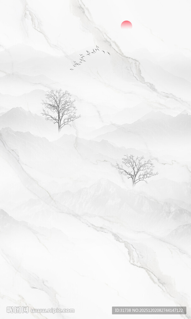 新中式水墨山水复式楼玄关背景墙