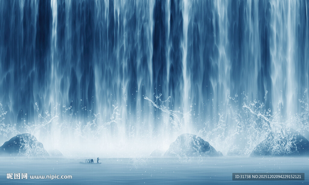 招财瀑布山水画壁画