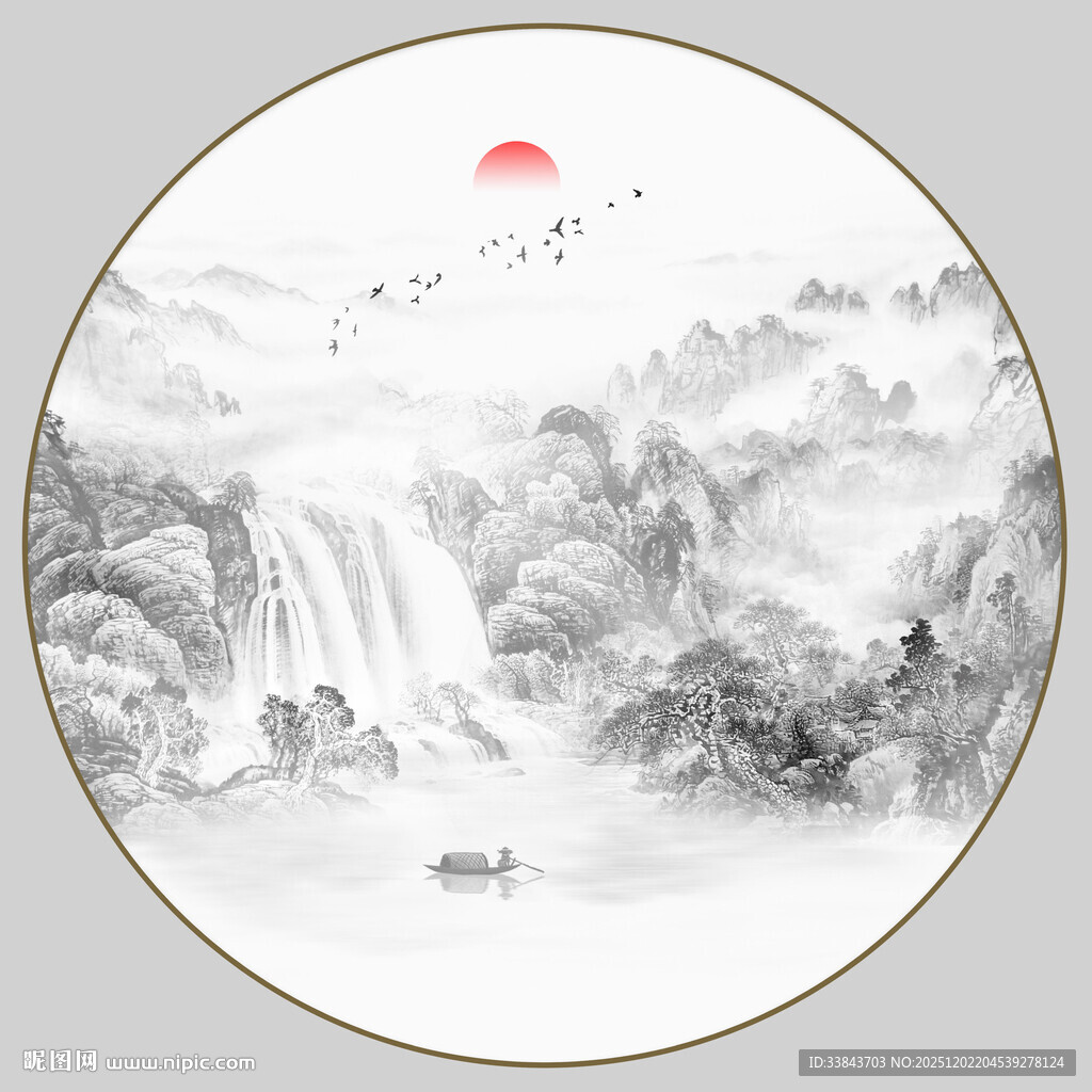 圆形山水水墨风景画