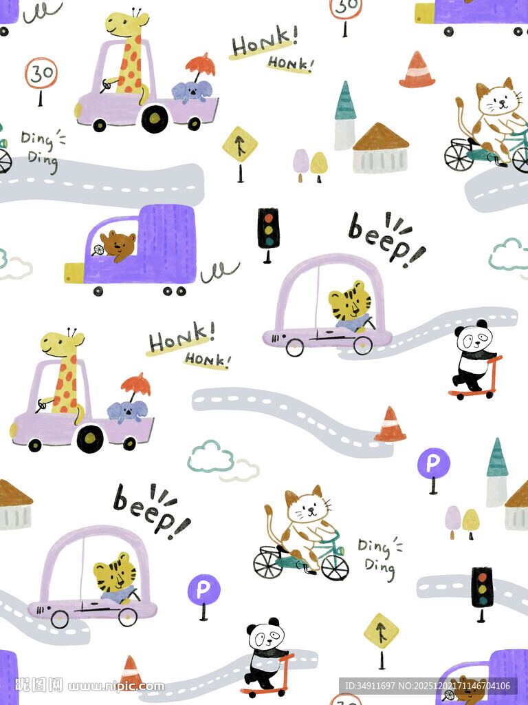 卡通风格儿童交通元素图案