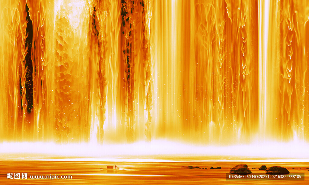 流水生财瀑布背景壁画