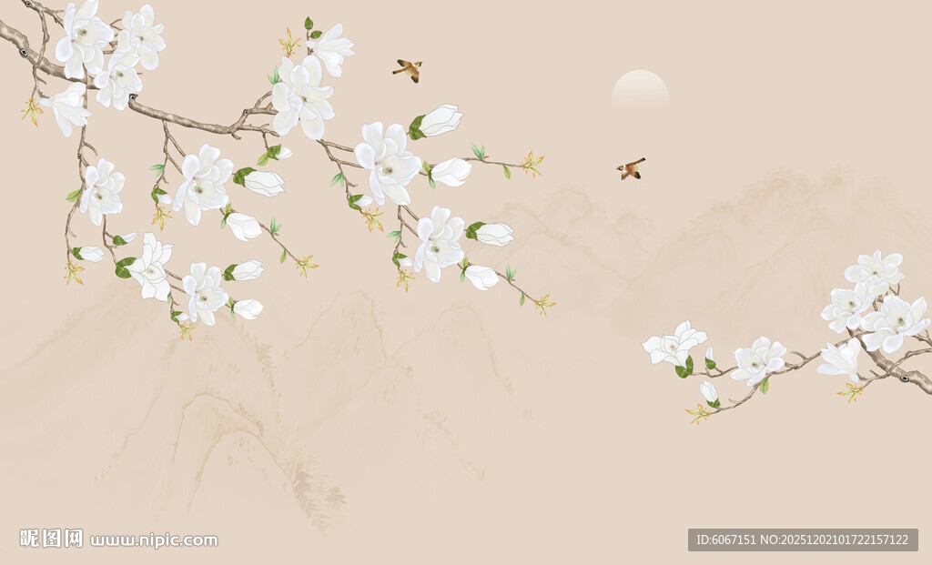 新中式屏风工笔花鸟画背景墙