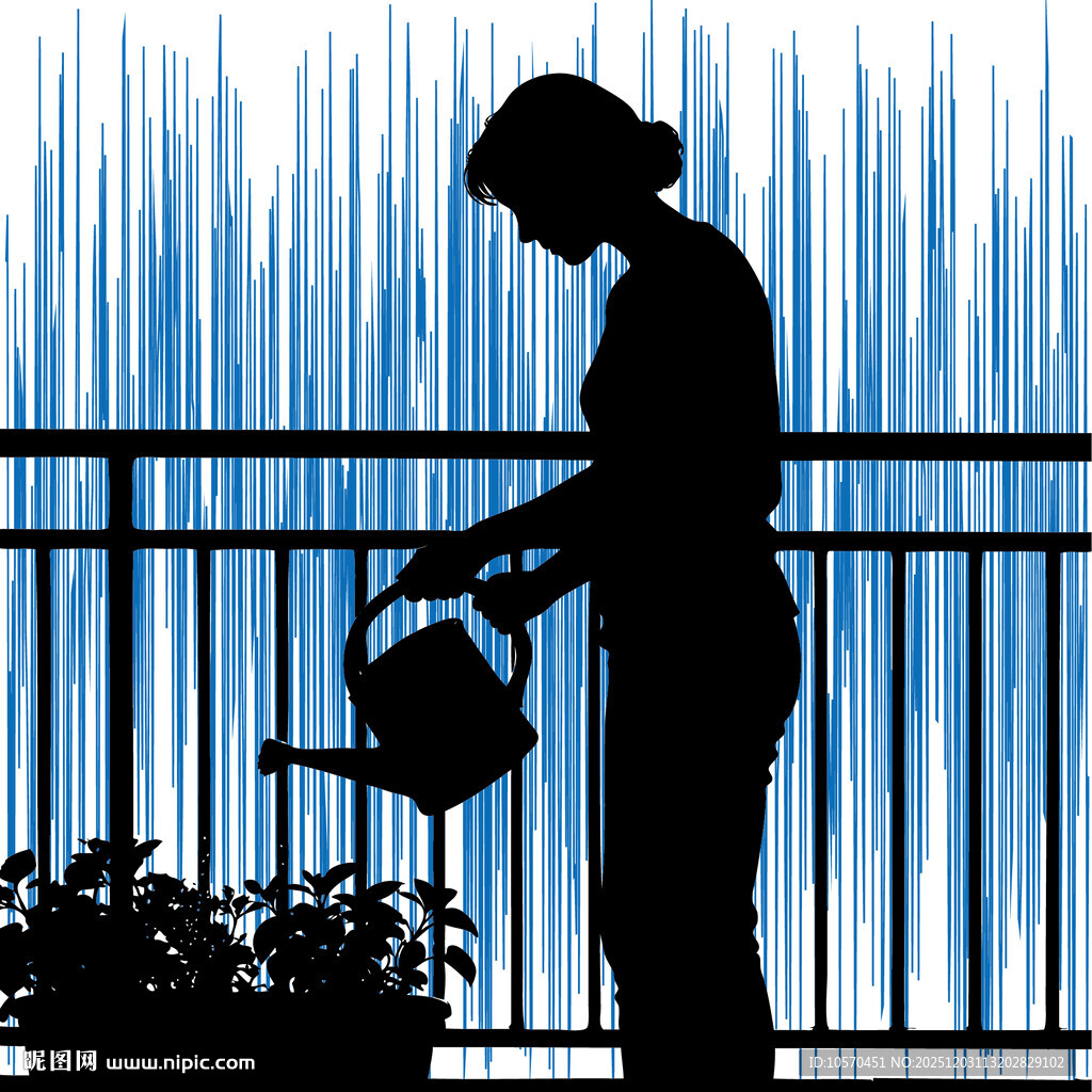 阳台浇花的女性剪影