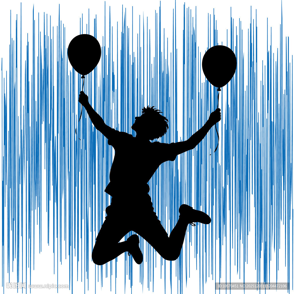 跳跃的气球少年剪影