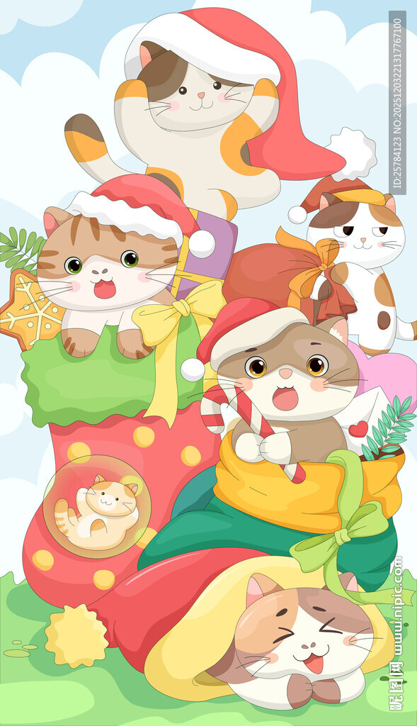 圣诞节猫咪睡在圣诞袜圣诞帽插画