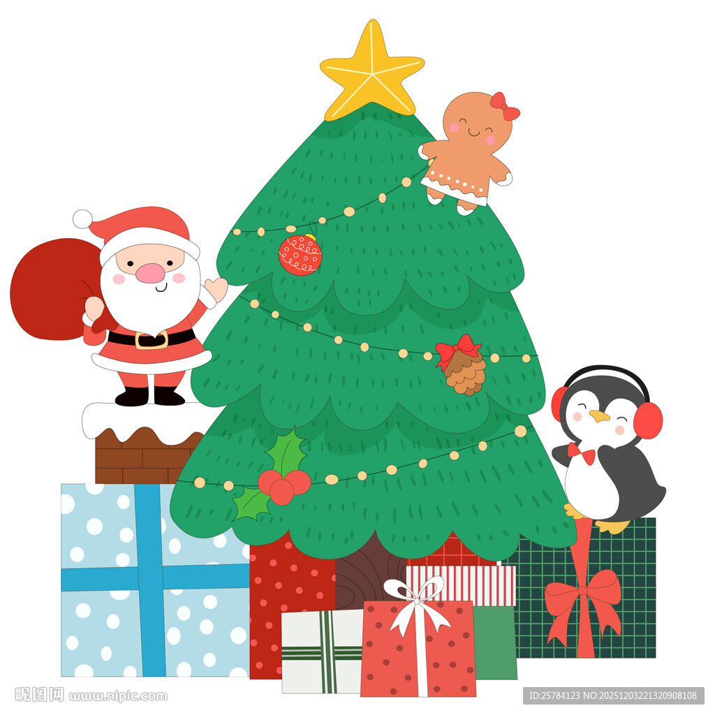 圣诞树圣诞老人小企鹅送一堆礼物