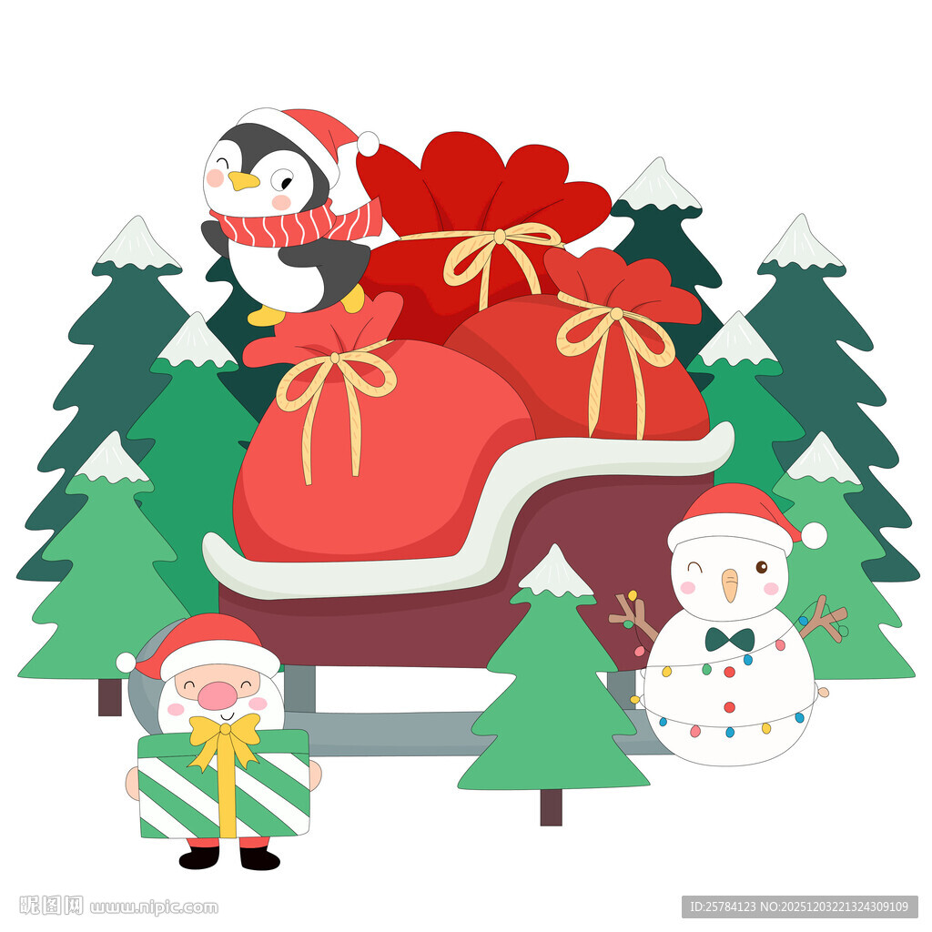 圣诞节圣诞老人小企鹅雪人送礼物