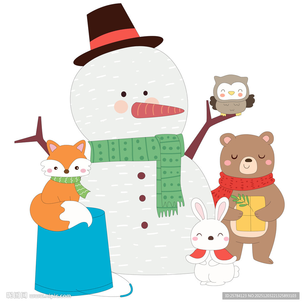冬季雪人狐狸兔子小熊小动物插画